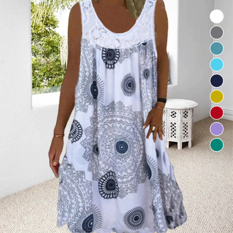 Summer O-Neck Sleeveless Dress with Print for Women - White