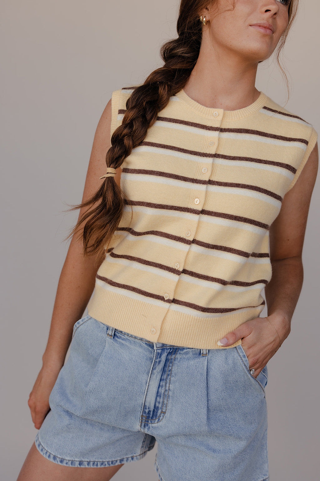 Sunny Stripe Button Vest Waistcoat for Women - gallery