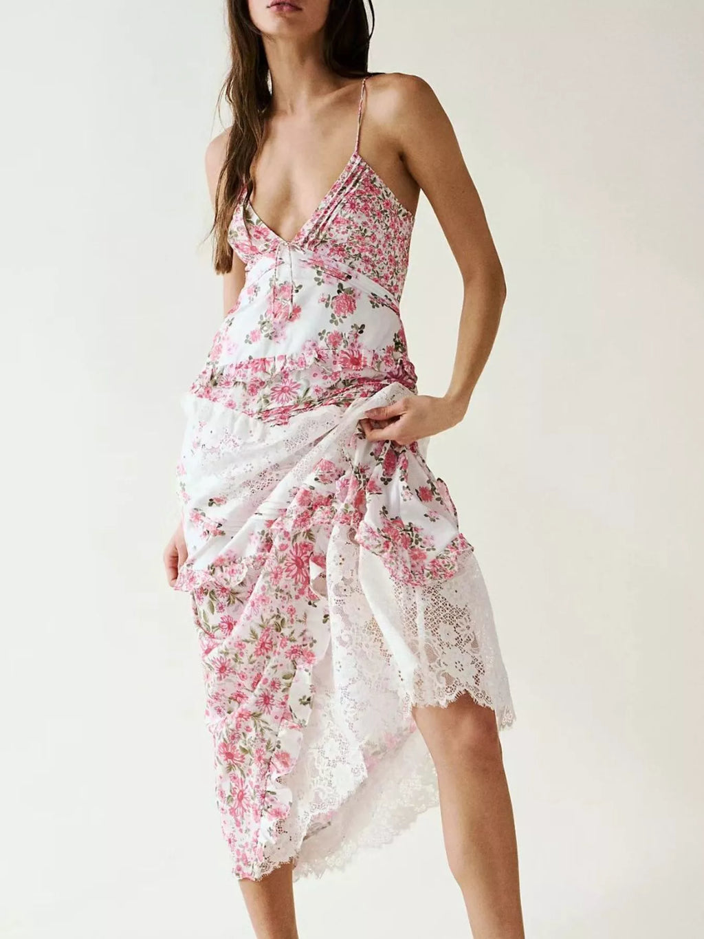 Lace Floral Ruffle Trim Maxi Dress for Women - gallery