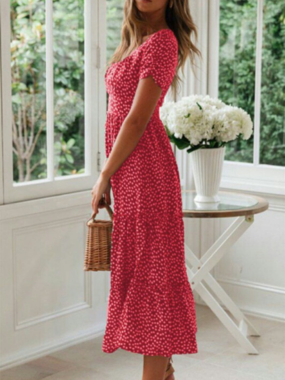 Printed Square Neck Short Sleeve Midi Dress for Women - gallery