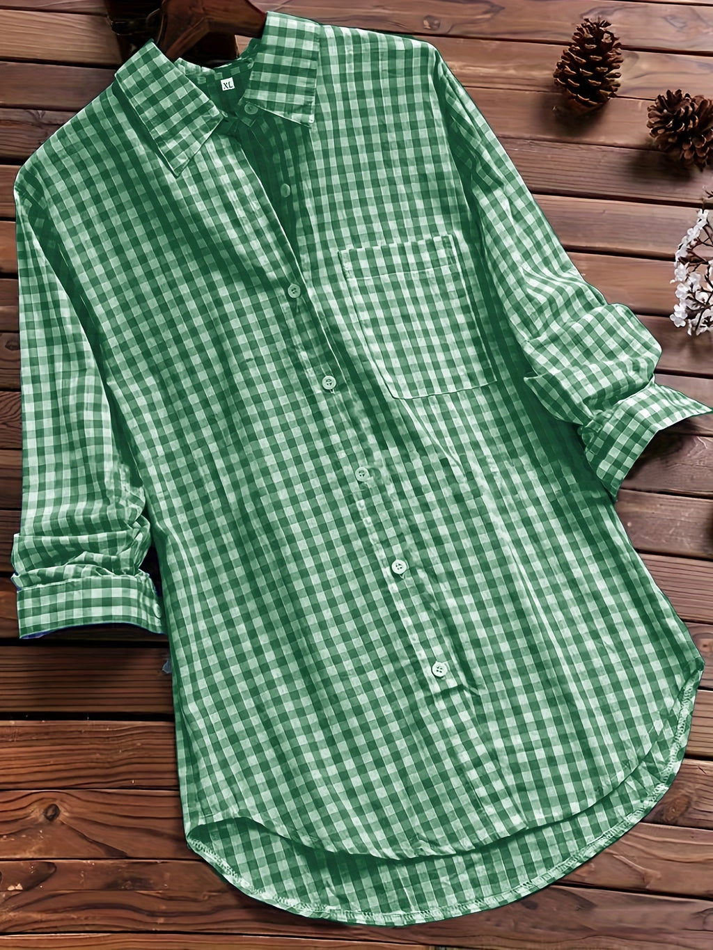 Gingham Print Long Sleeve Shirt Top for Women - gallery