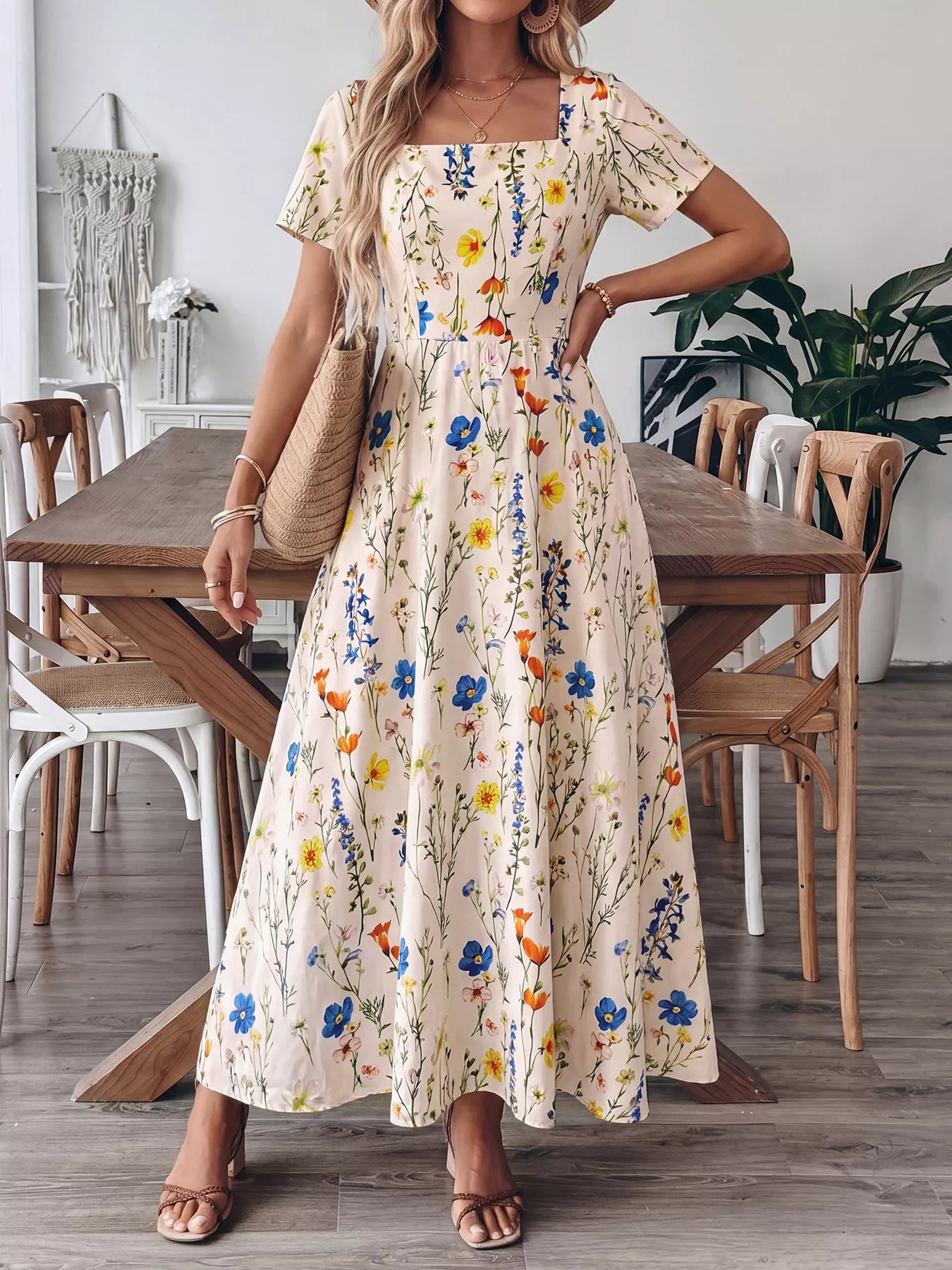 Floral Square Neck Casual Maxi Dress for Women — Front Zip