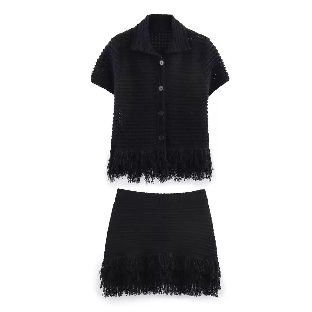 Lake Crochet and Tassel Shirt and Skirt Coord Set for Women - gallery