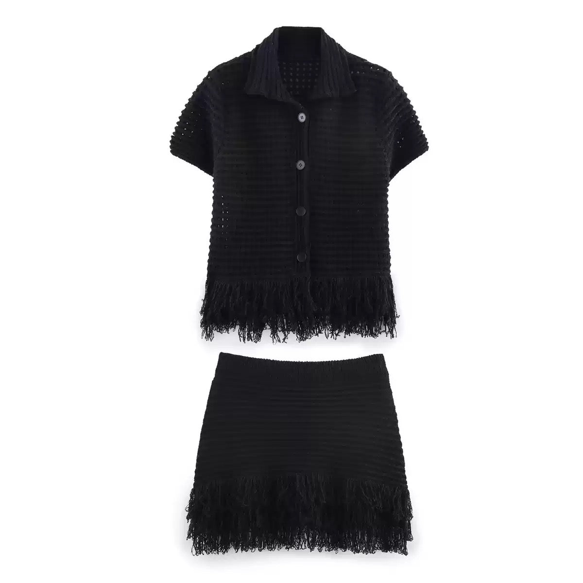 Lake Crochet and Tassel Shirt and Skirt Coord Set for Women - gallery