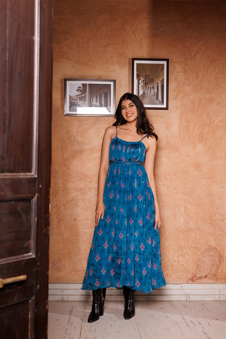 Teal Blossom Chiffon Midi Dress for Women