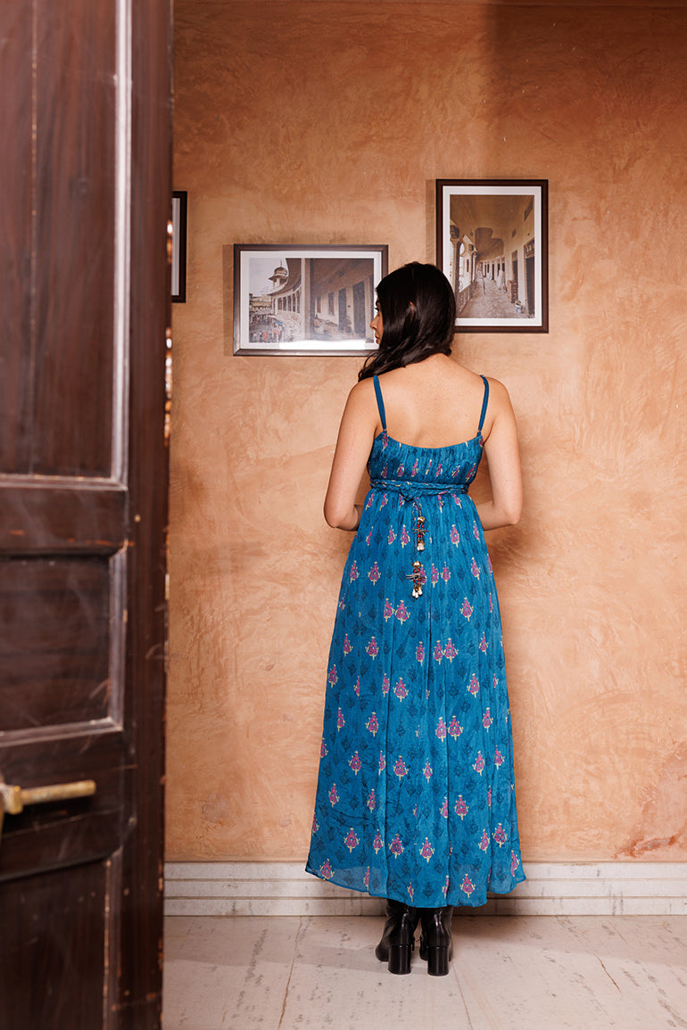 Teal Blossom Chiffon Midi Dress for Women - gallery