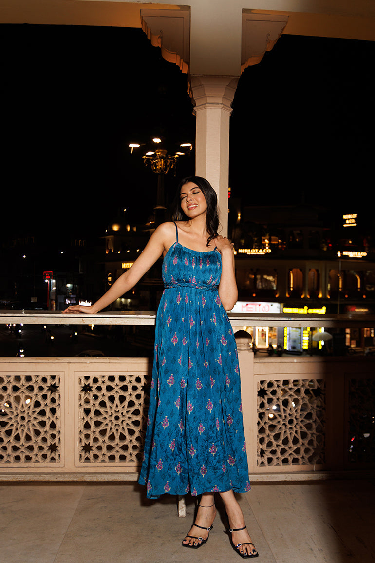 Teal Blossom Chiffon Midi Dress for Women - gallery