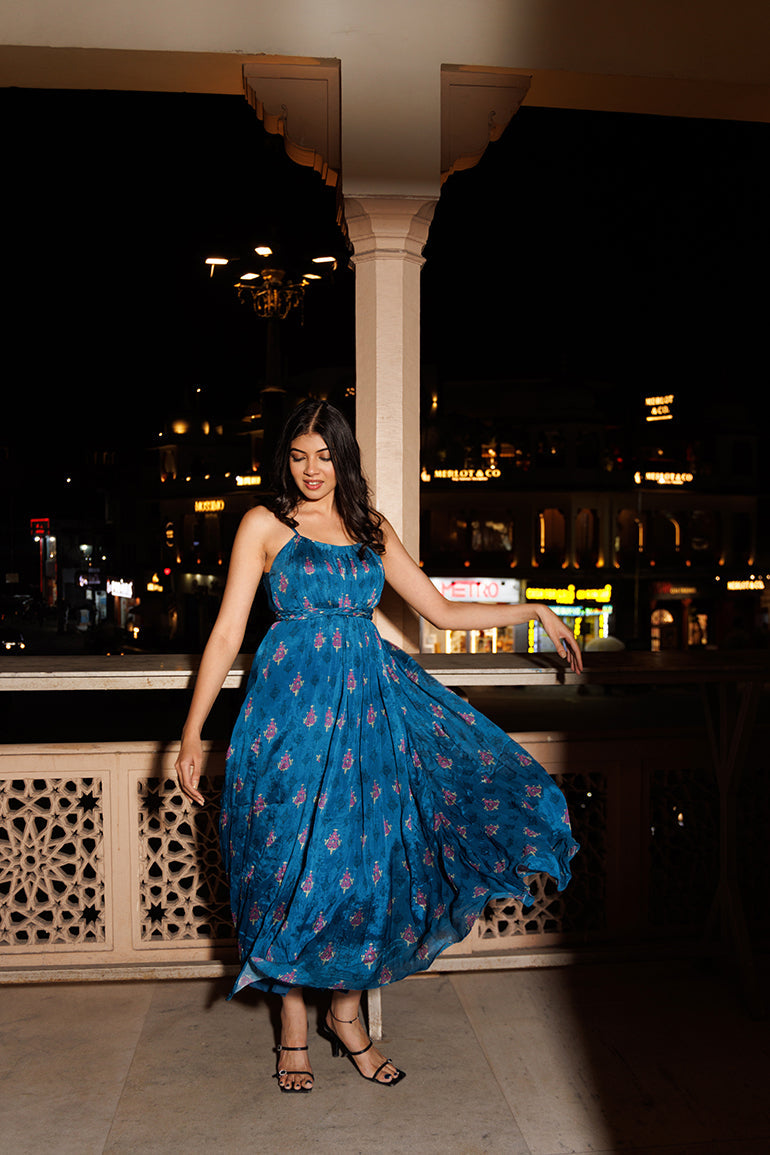 Teal Blossom Chiffon Midi Dress for Women - gallery