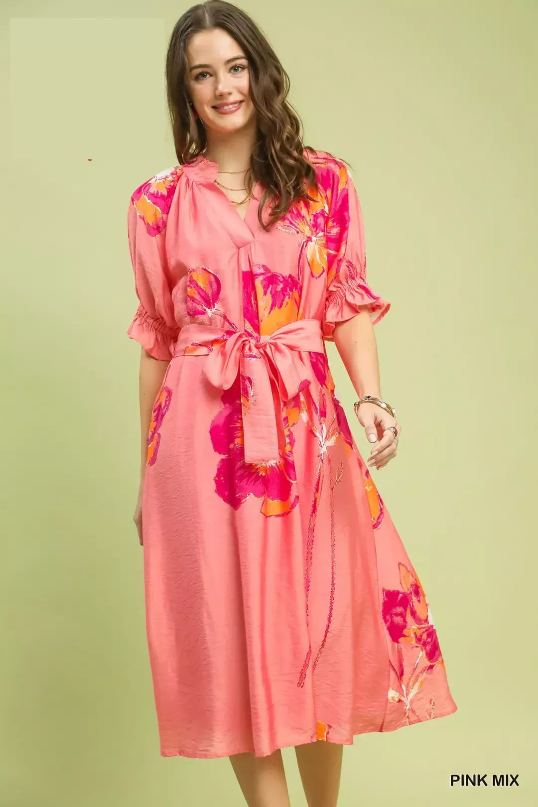 Floral Flounce Sleeve Belted Midi Dress for Women — Boho