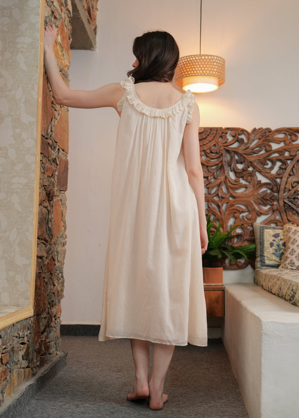 Beige Ruffled Collar Mulmul Midi Dress for Women - gallery