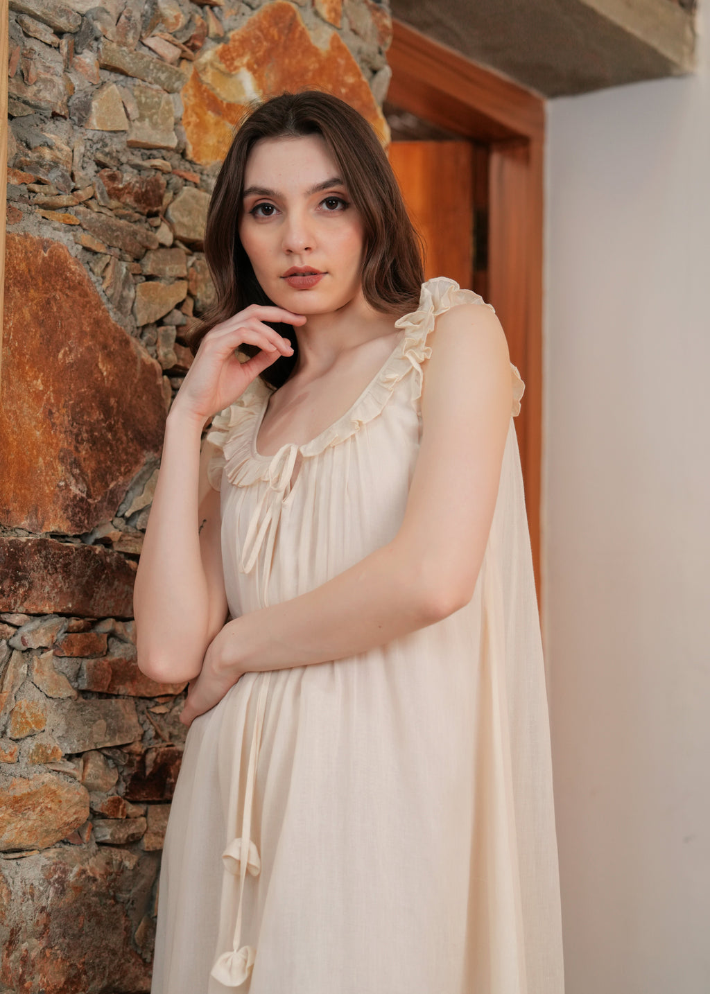 Beige Ruffled Collar Mulmul Midi Dress for Women