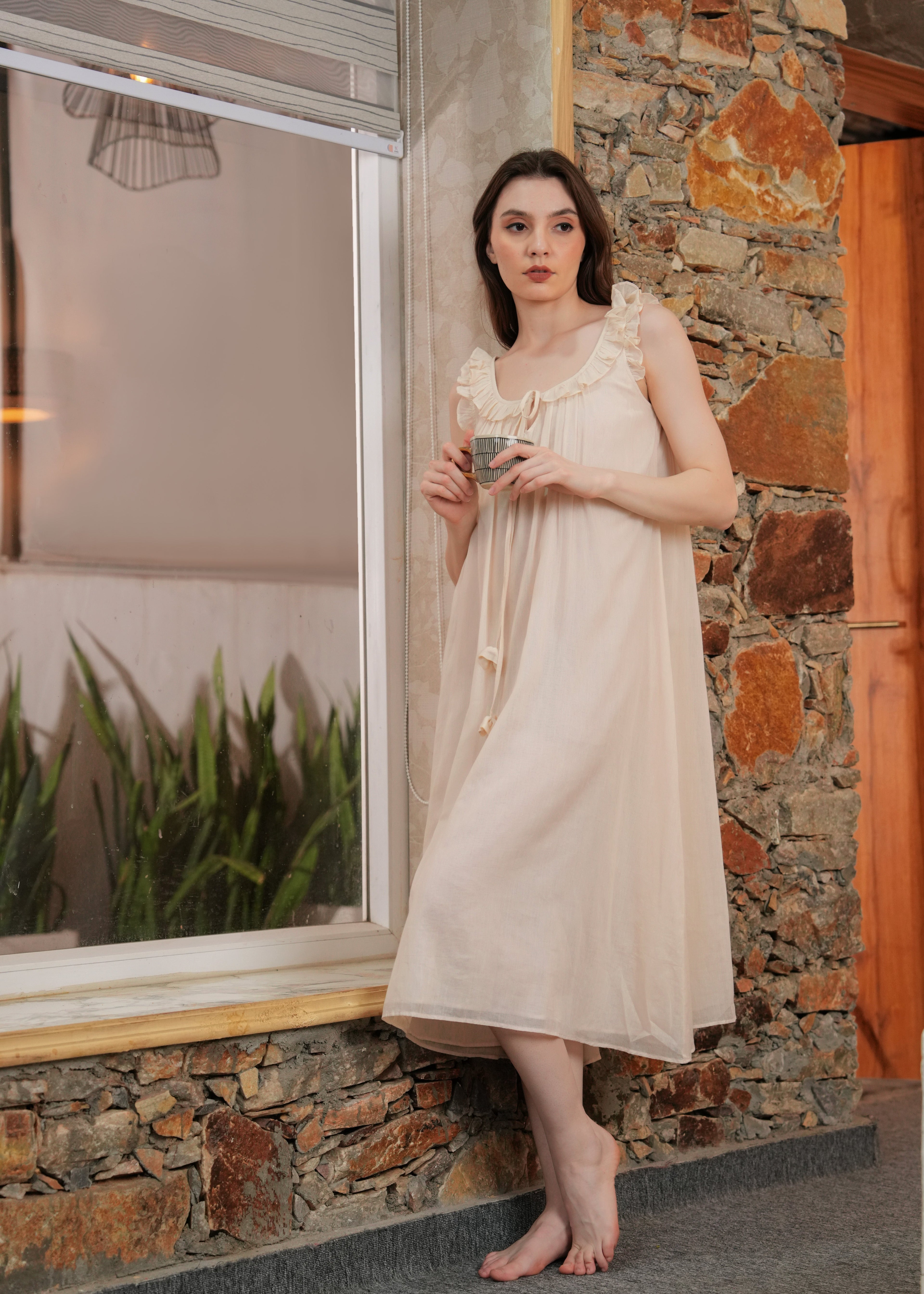Beige Ruffled Collar Mulmul Midi Dress for Women - gallery