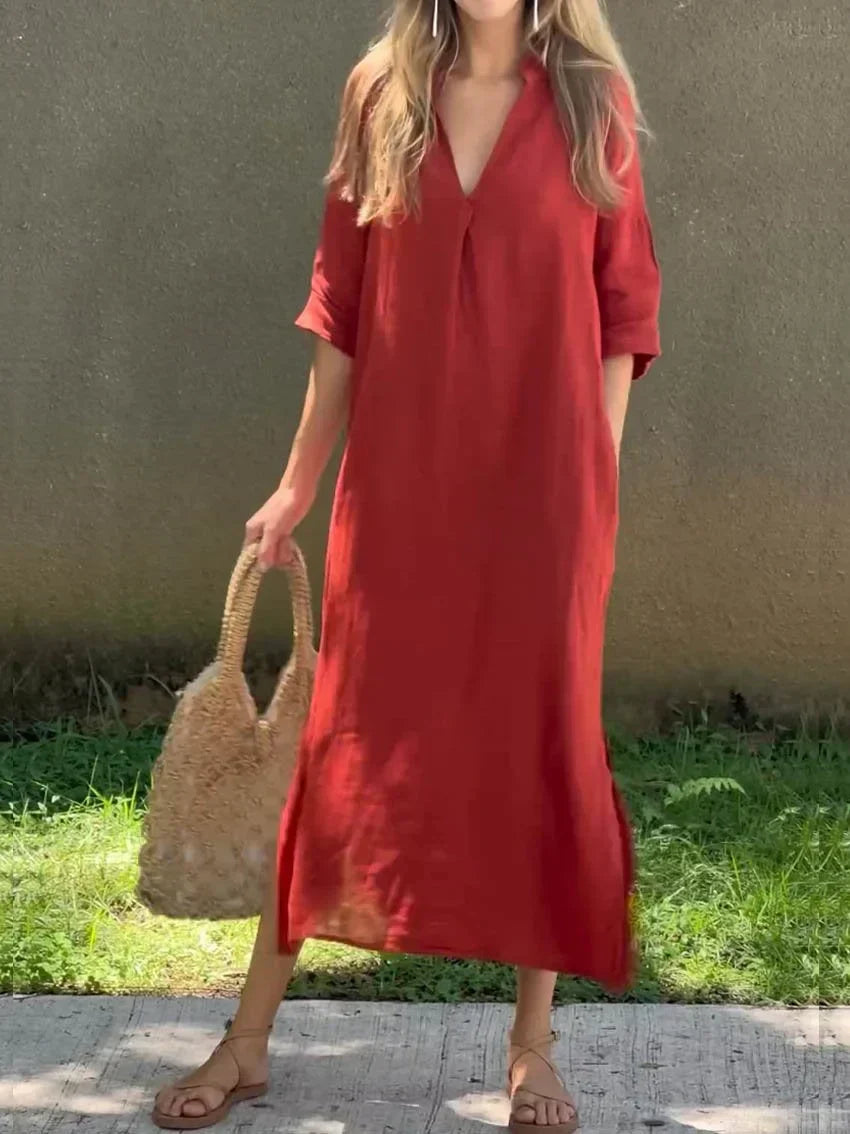 Solid Color V-Neck Dress for Women with Convenient Pockets