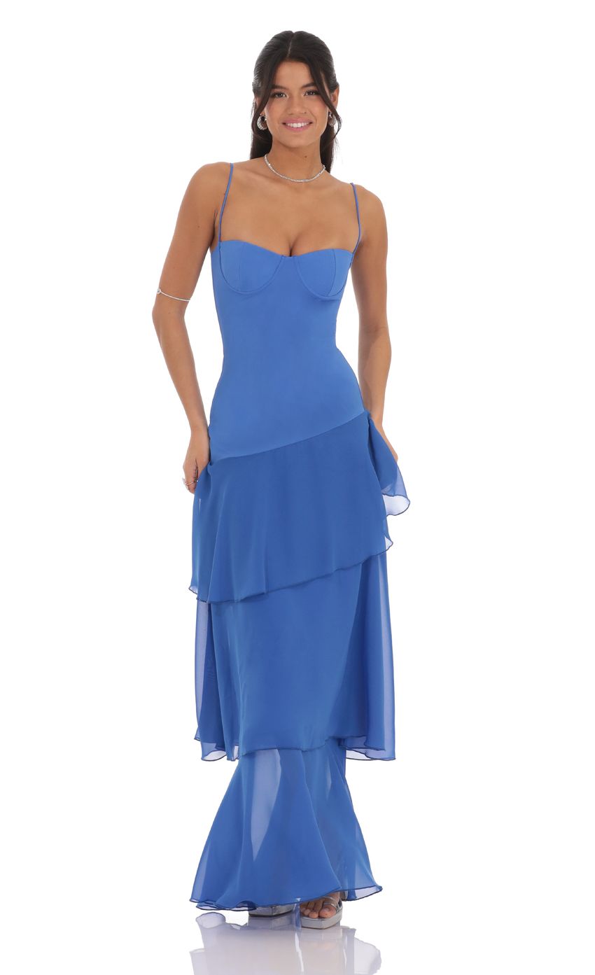 Long Ruffle Maxi Dress in Blue for Women