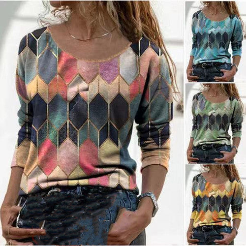 Retro Geometric Long Sleeve Top for Women