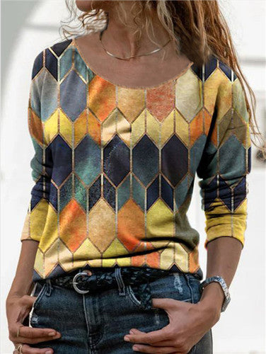 Retro Geometric Long Sleeve Top for Women - gallery