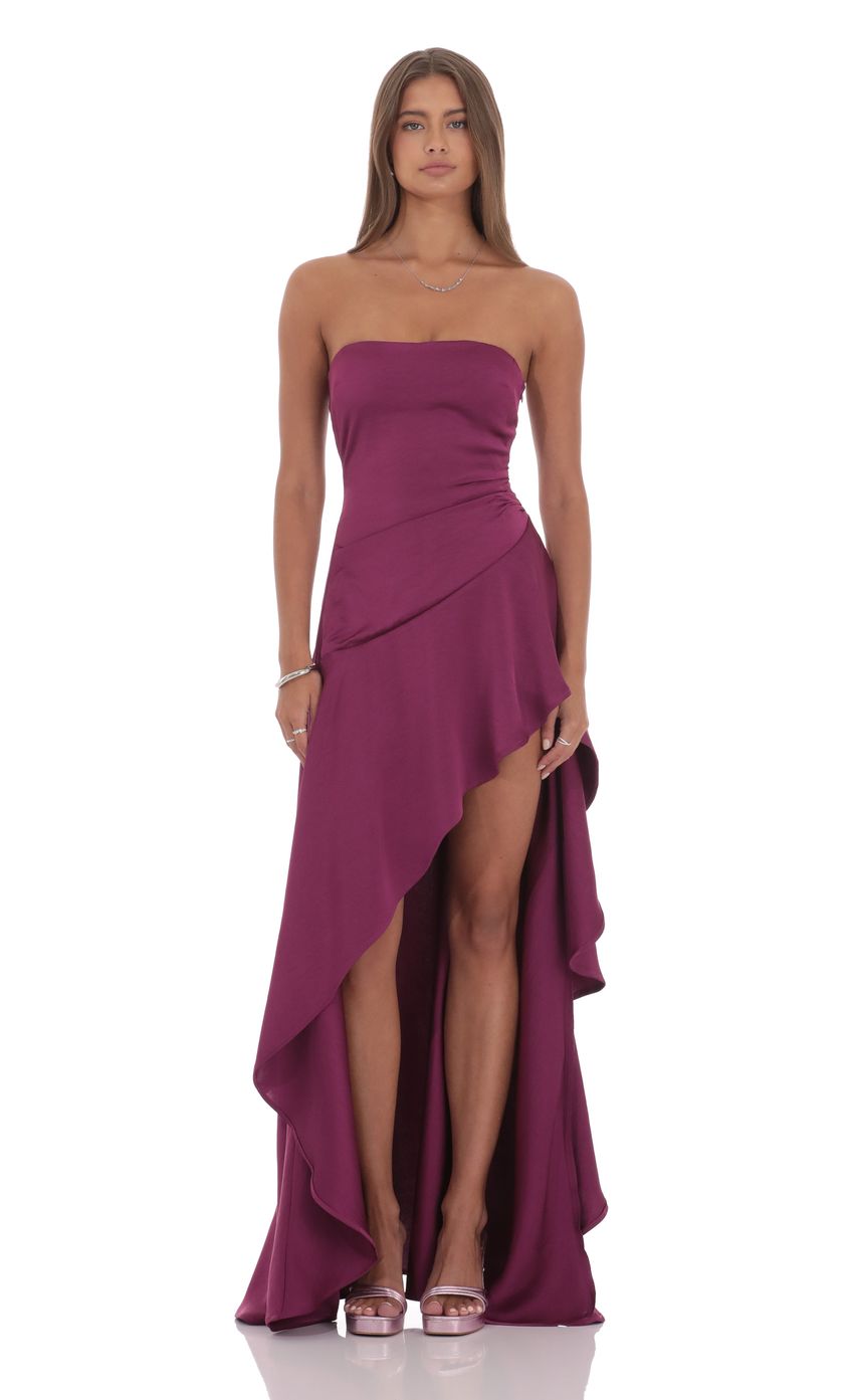 Satin High-Low Maxi Dress in Plum for Women