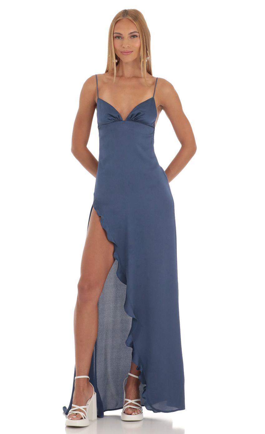 Satin Ruffle Maxi Dress in Blue for Women