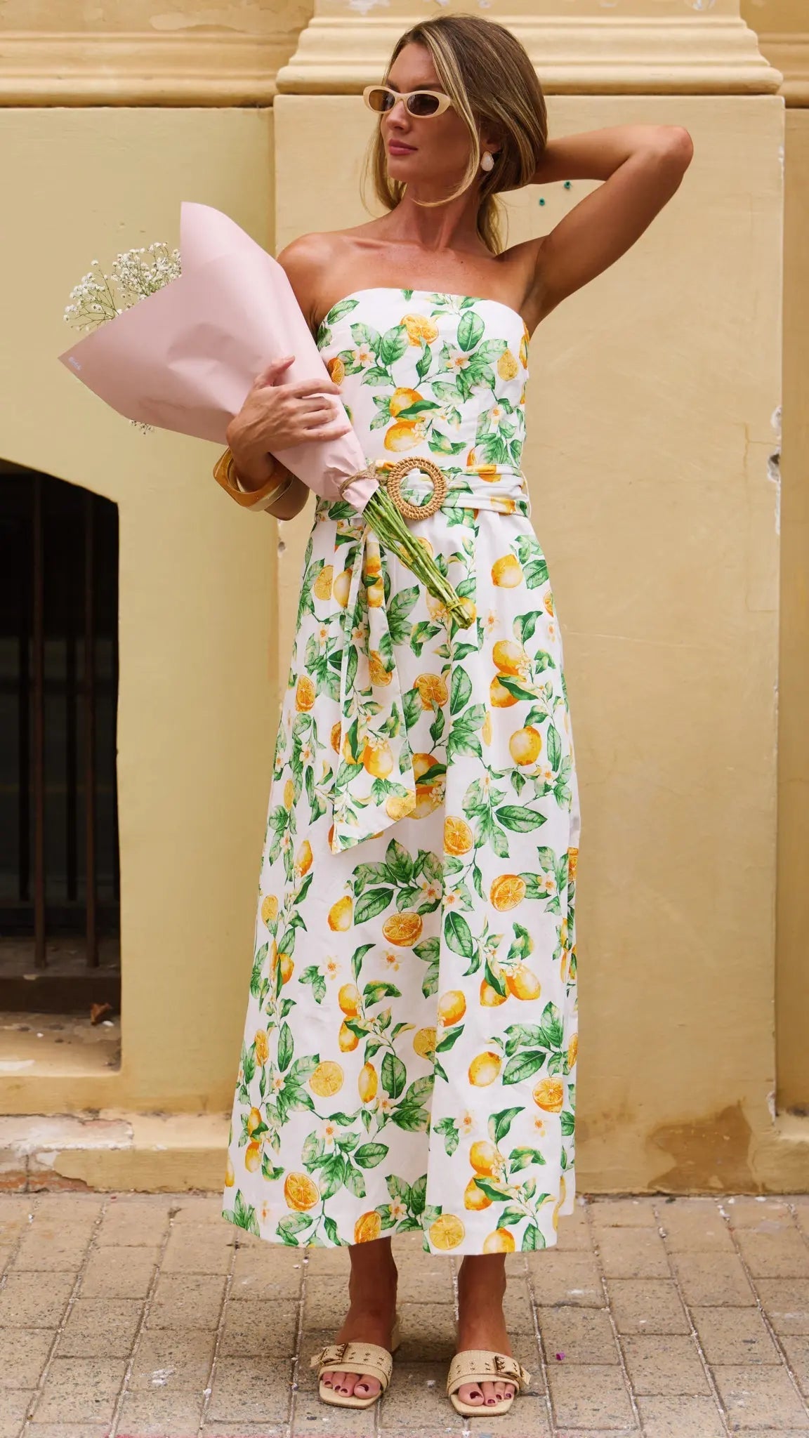 Lemon Print Strapless Midi Dress for Women — Rattan Belt - gallery