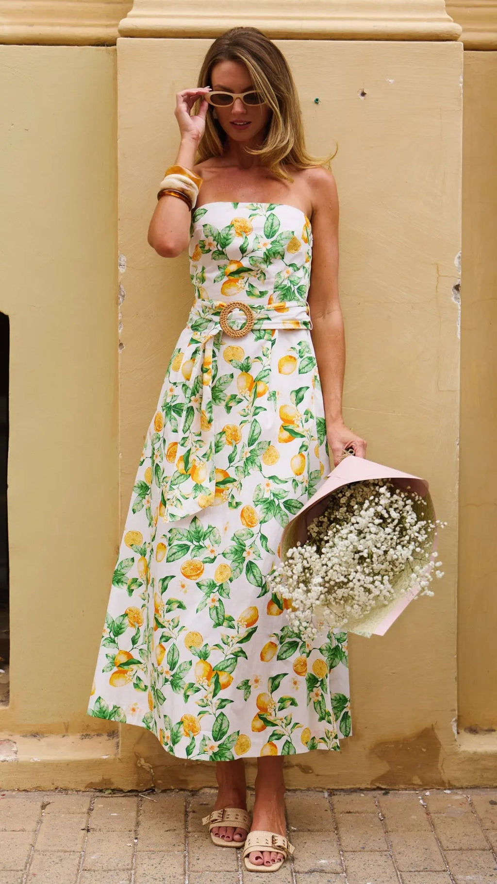 Lemon Print Strapless Midi Dress for Women — Rattan Belt