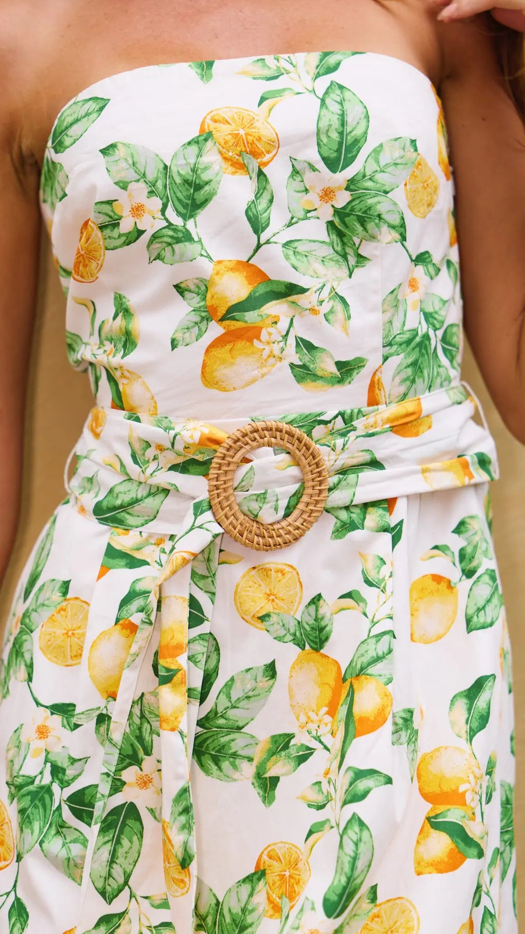 Lemon Print Strapless Midi Dress for Women — Rattan Belt - gallery