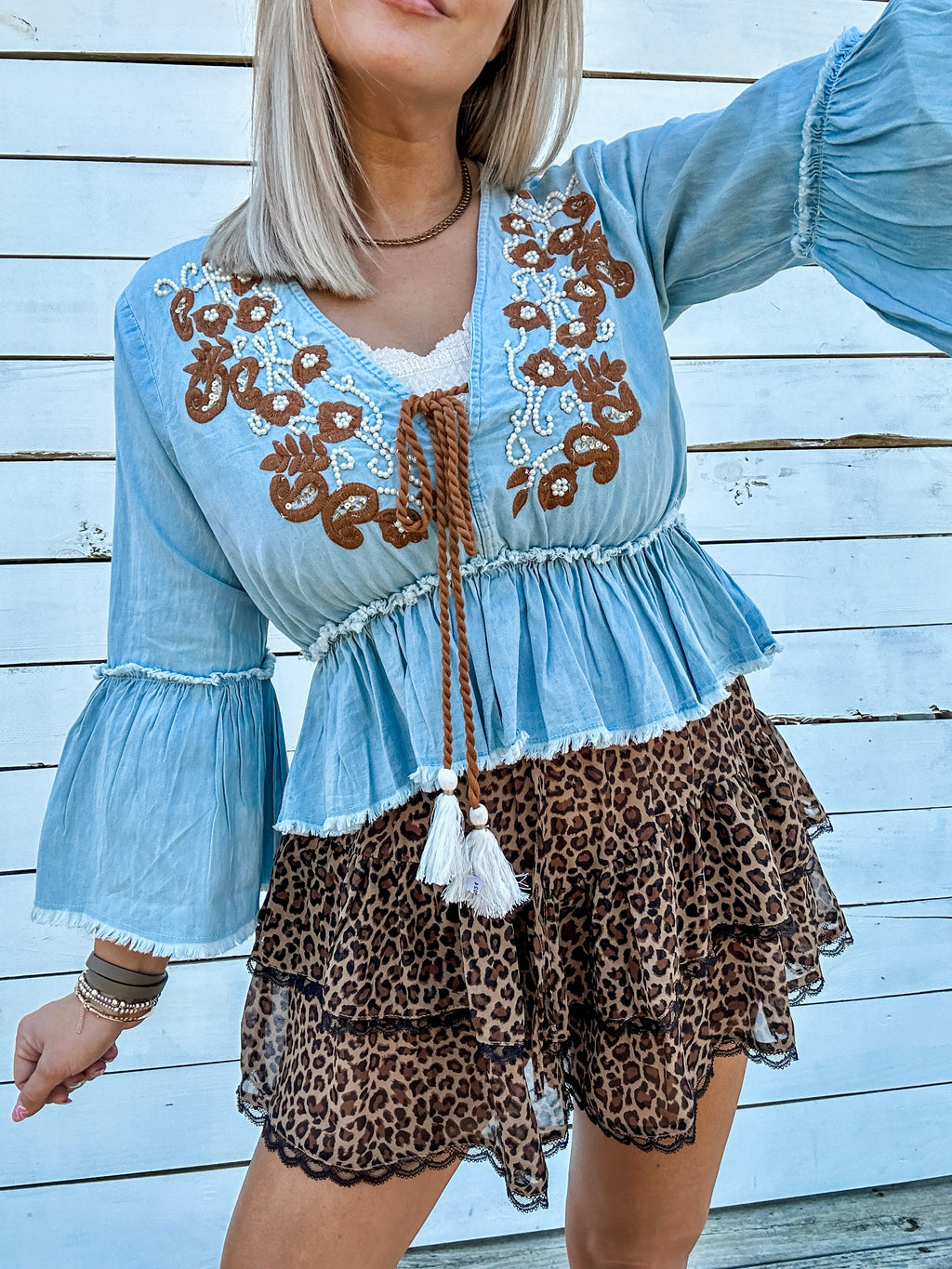 Embroidered Denim Peplum Top for Women — Western Boho