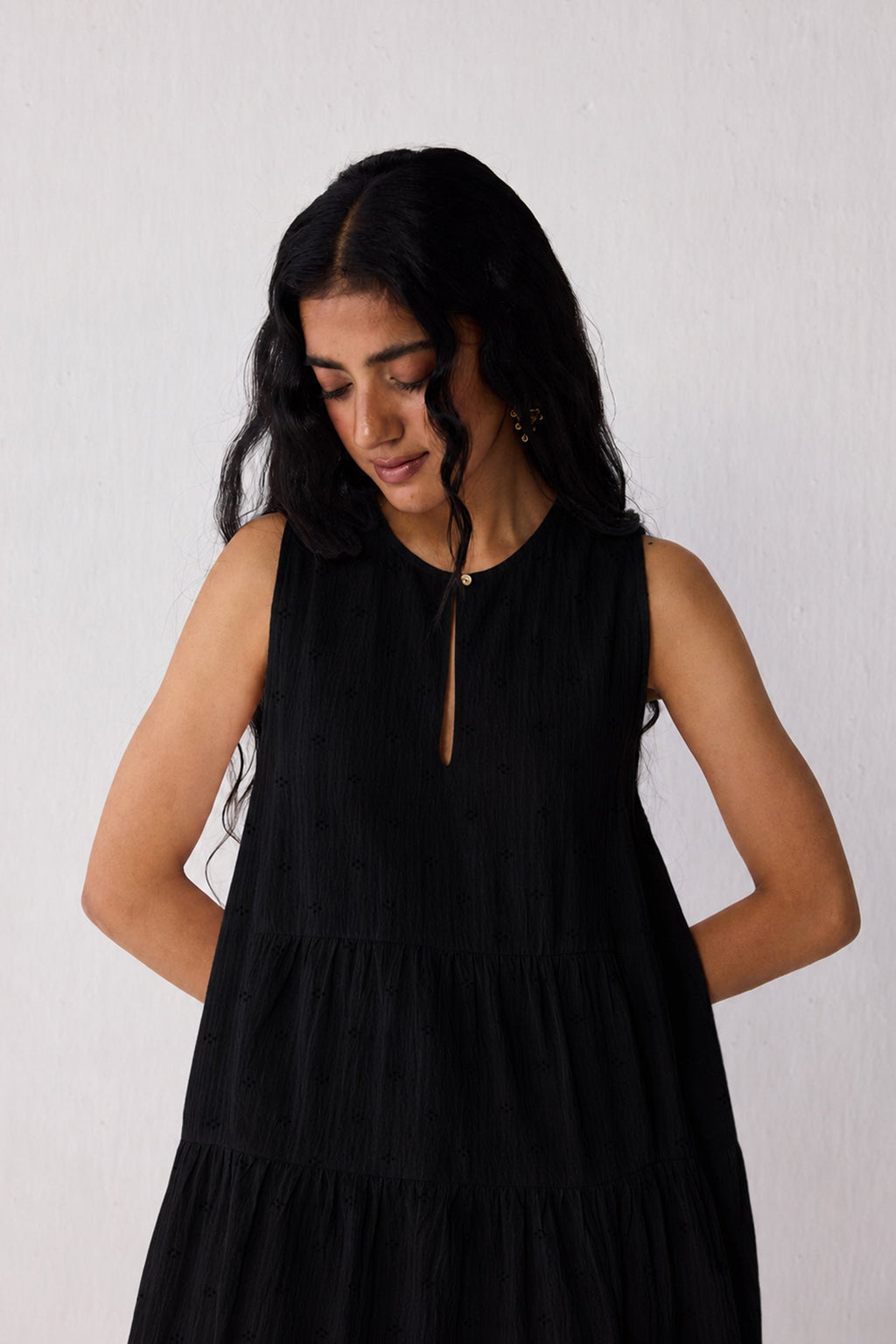 Embroidered Everyday Sleeveless Short Tiered Dress in Black for Women - gallery