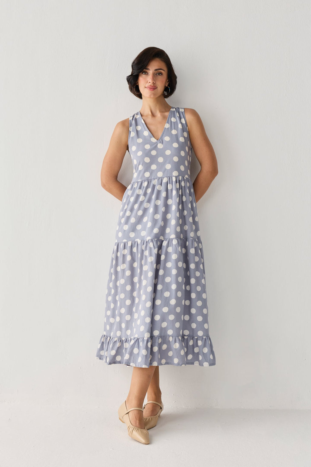 Tiered Midi Dress in Blue Polka for Women - gallery