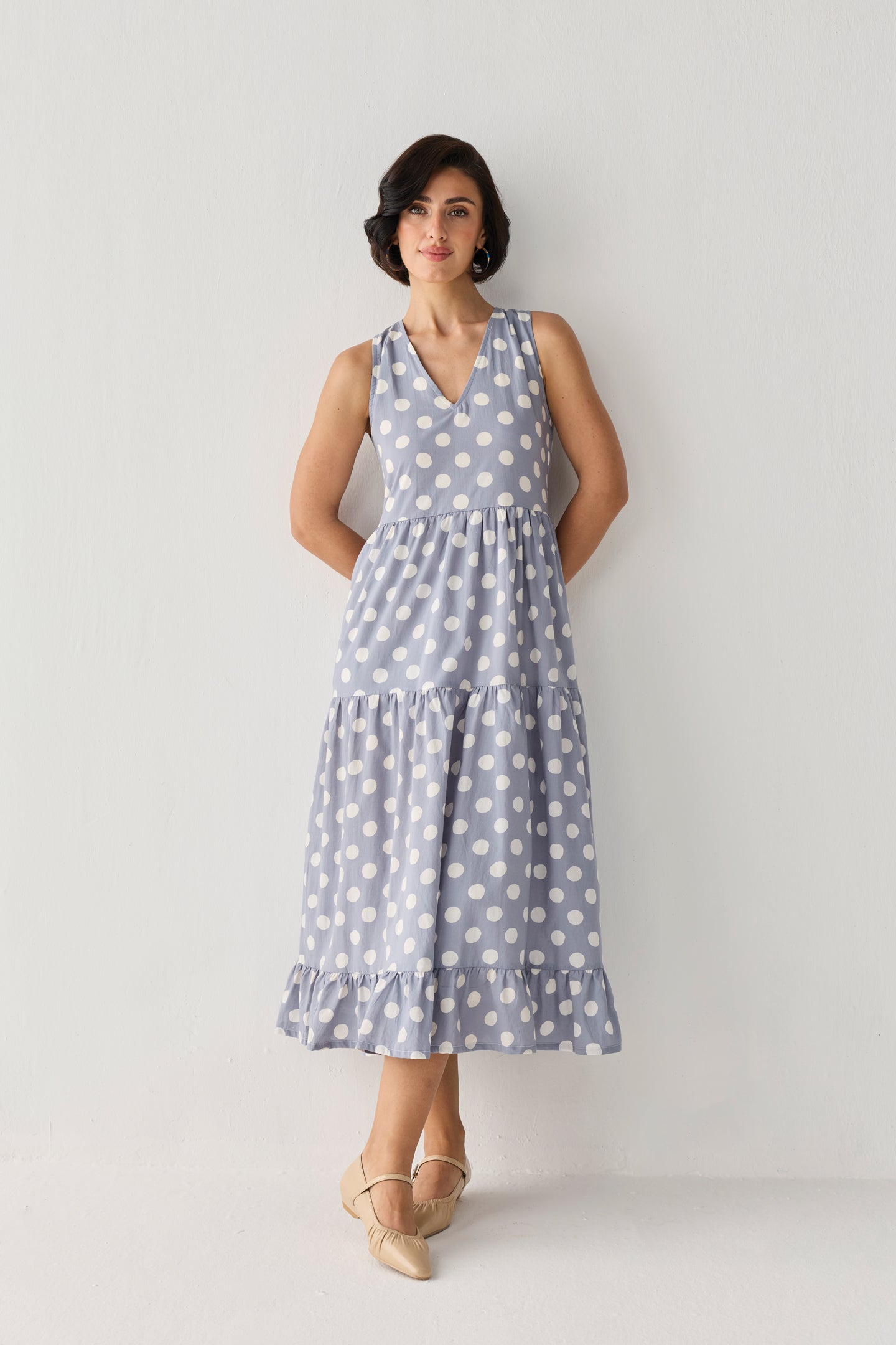 Tiered Midi Dress in Blue Polka for Women - gallery