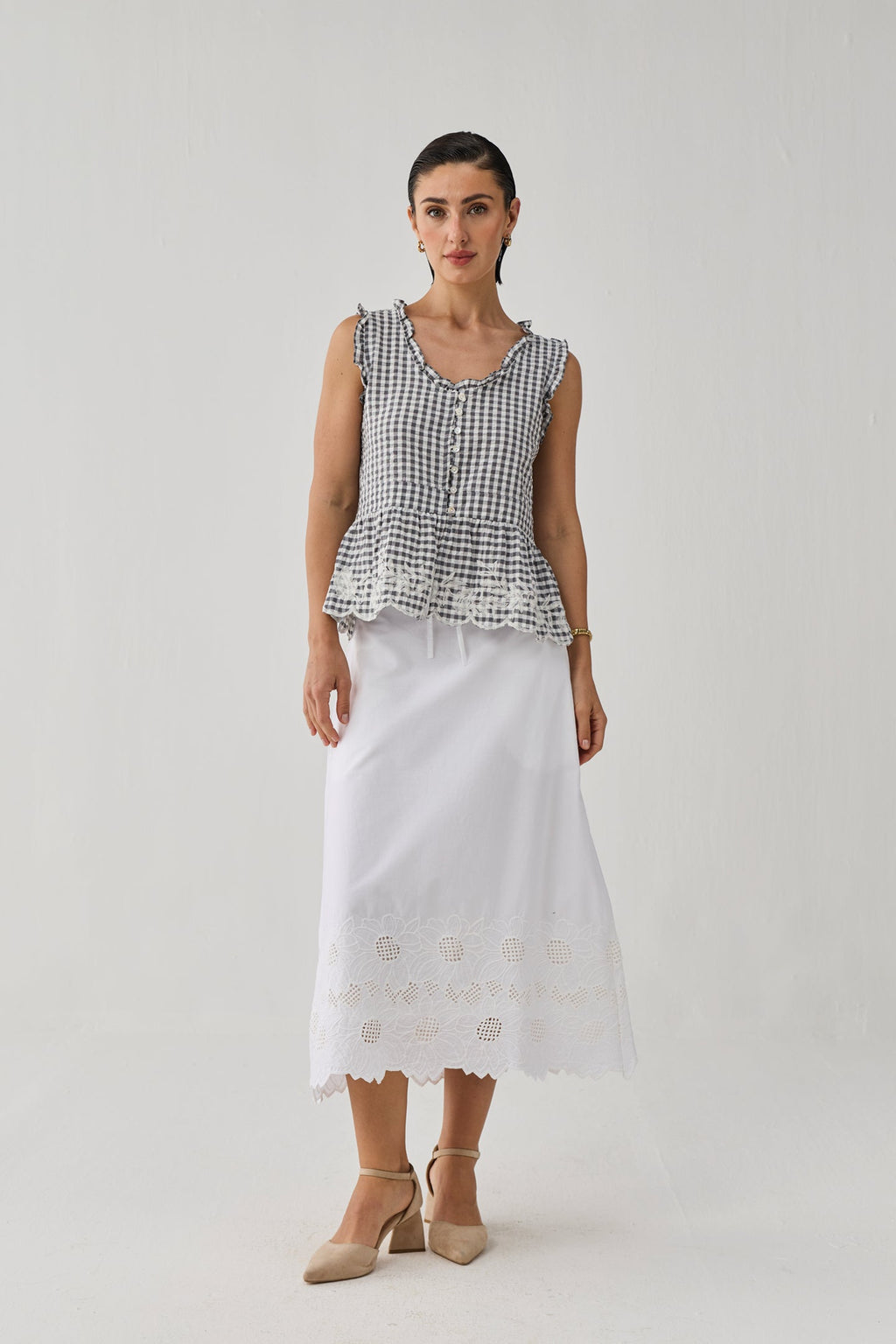 Embroidered Peplum Top in Grey Check for Women - gallery
