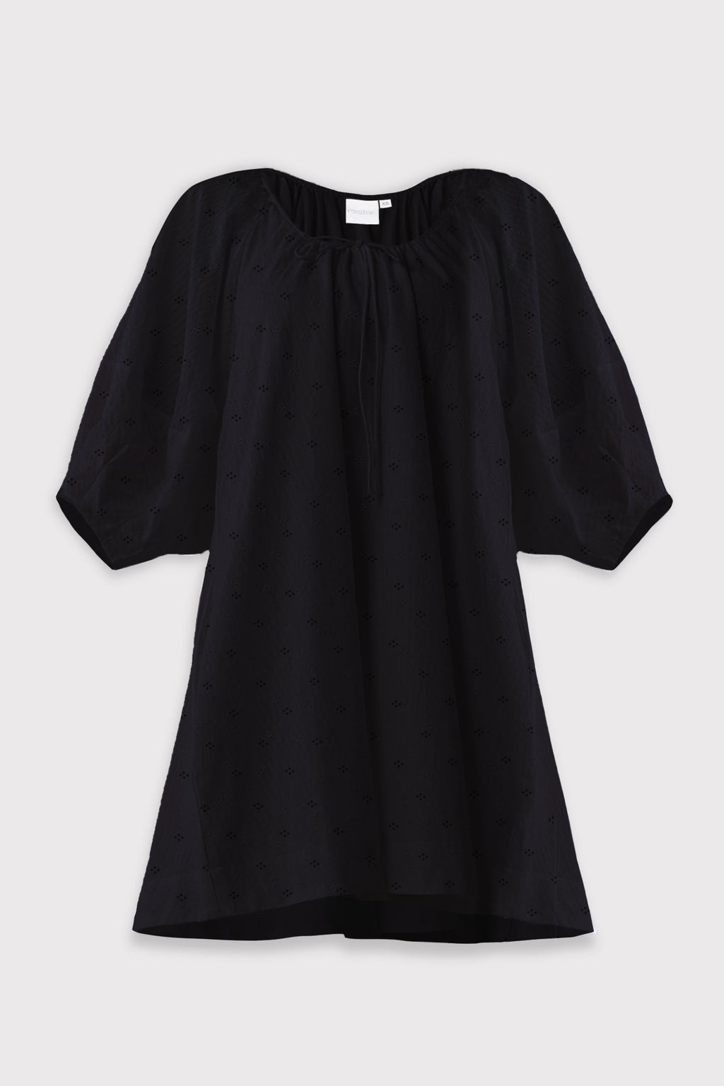 Puff Sleeved Dress with Drawstring Neckline in Black for Women - gallery