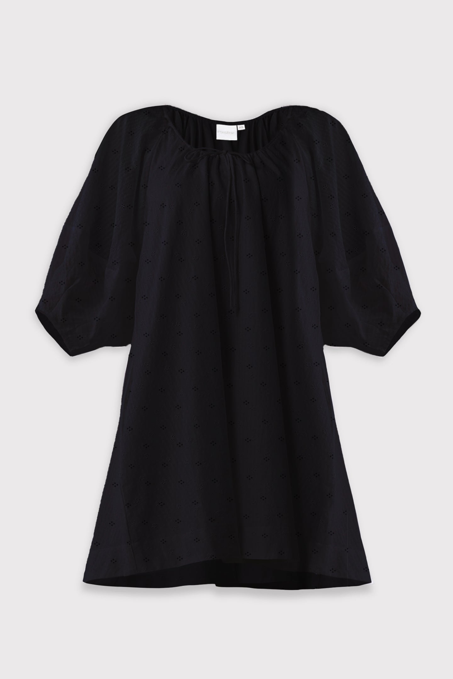Puff Sleeved Dress with Drawstring Neckline in Black for Women - gallery