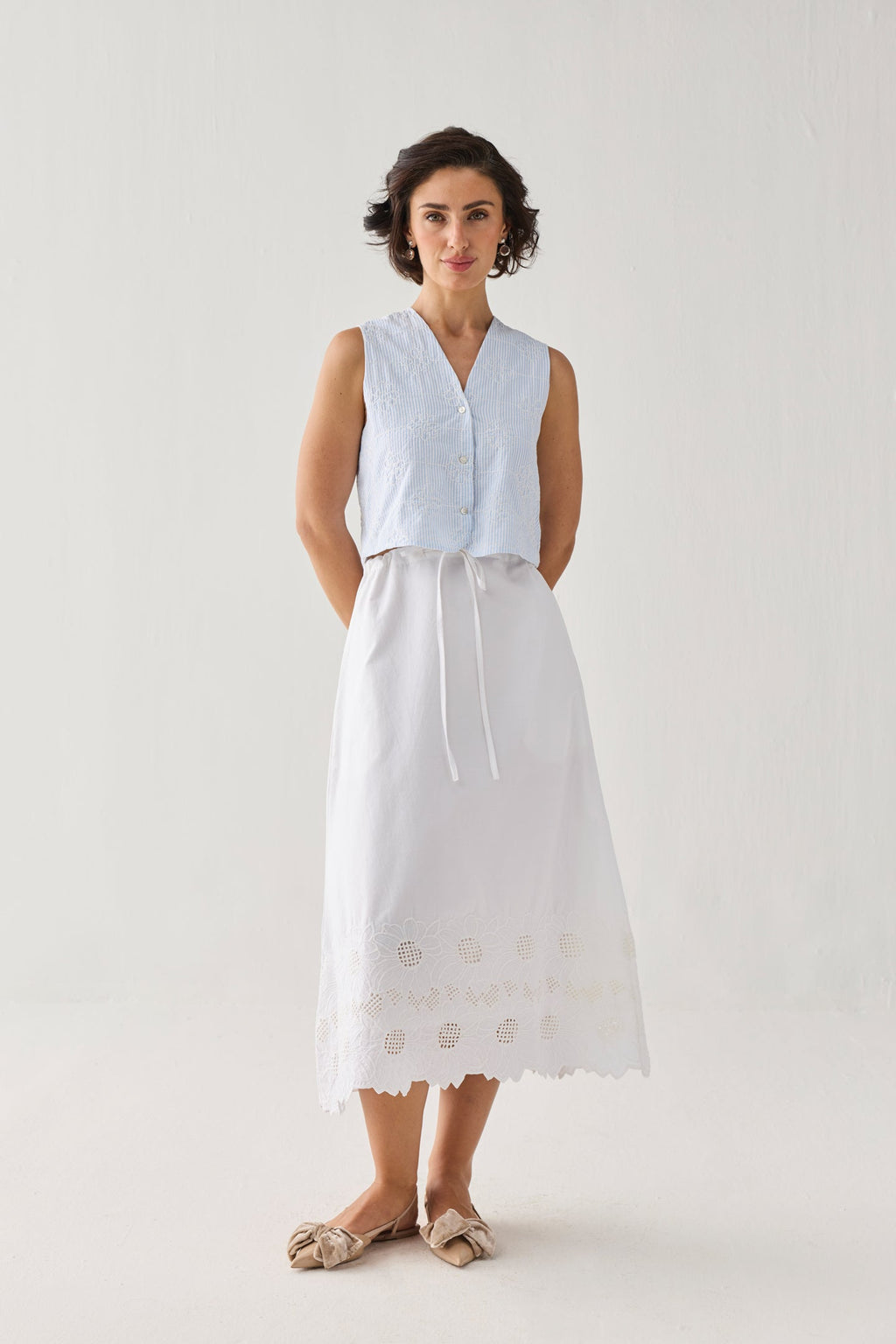 Embroidered Sleeveless Vest Top in Blue Stripe Waistcoat for Women - gallery