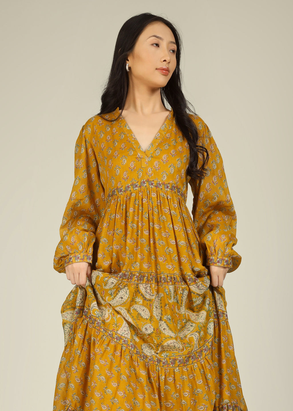 Mustard Block Print Collar Neck Dress for Women