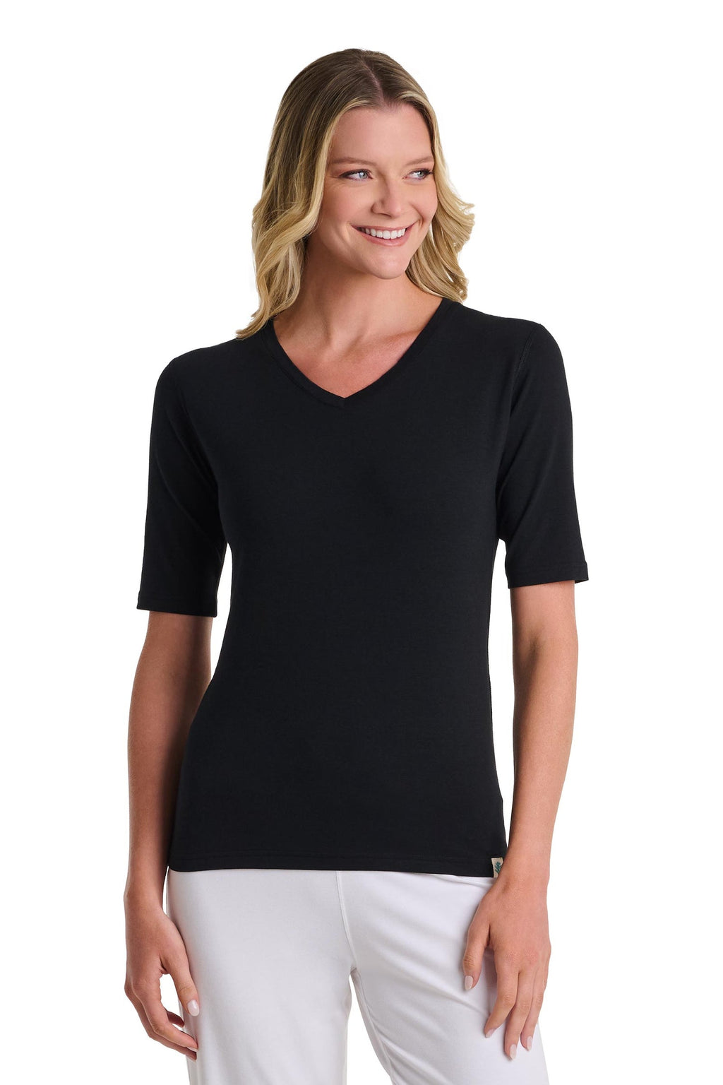 Women's Morada Fitted V-Neck Short Sleeve T-Shirt | Black — gallery