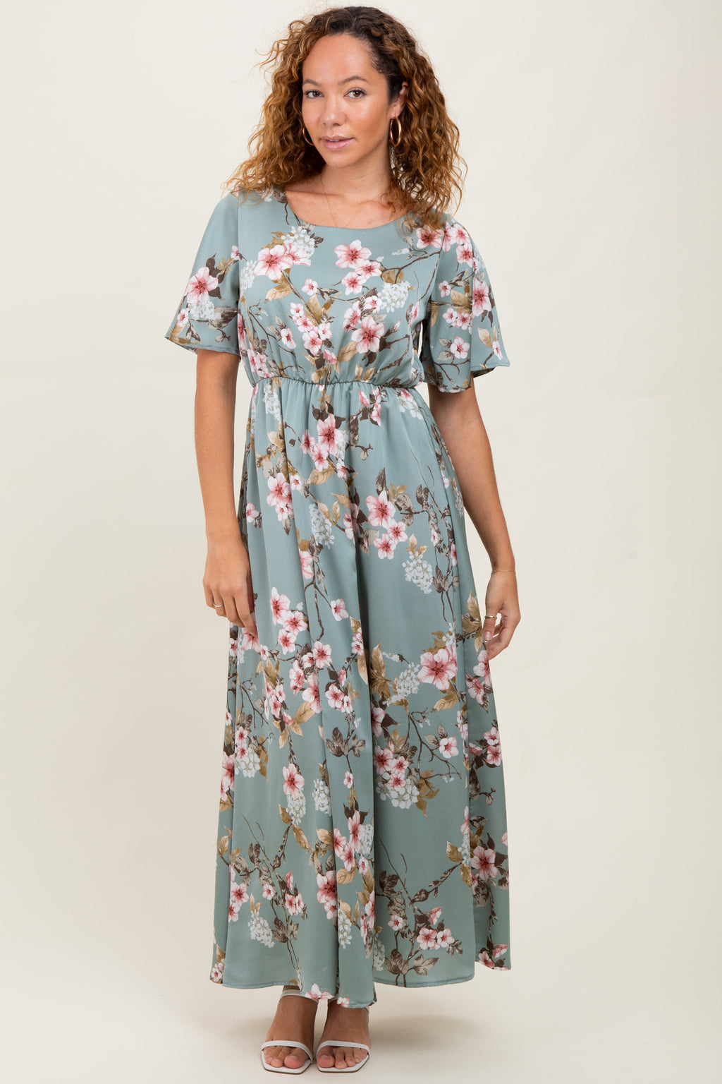 Floral Flutter Sleeve Maternity Maxi Dress for Women - gallery
