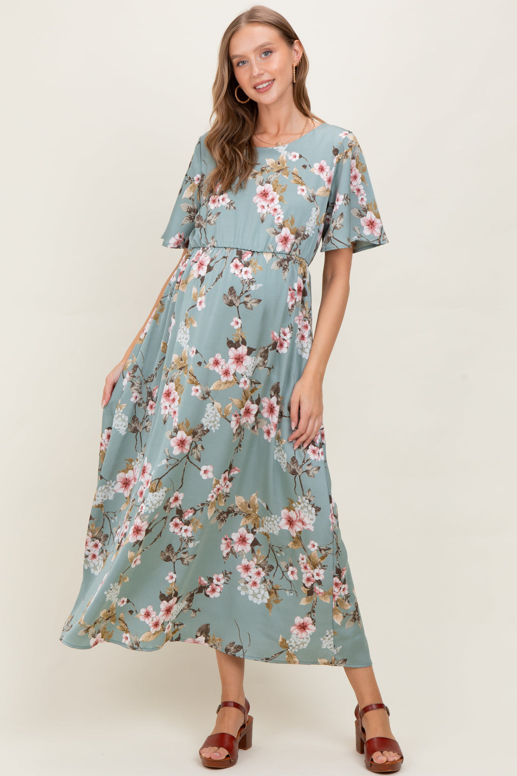 Floral Flutter Sleeve Maternity Maxi Dress for Women