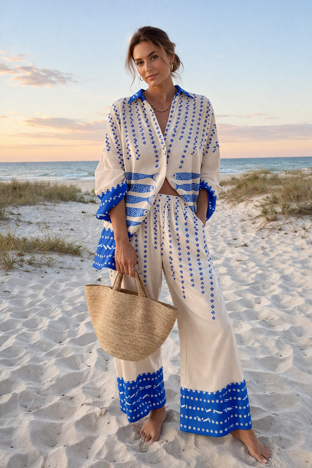 Dahlia Summer Print Button-Up Shirt and Wide-Leg Pants Set for Women