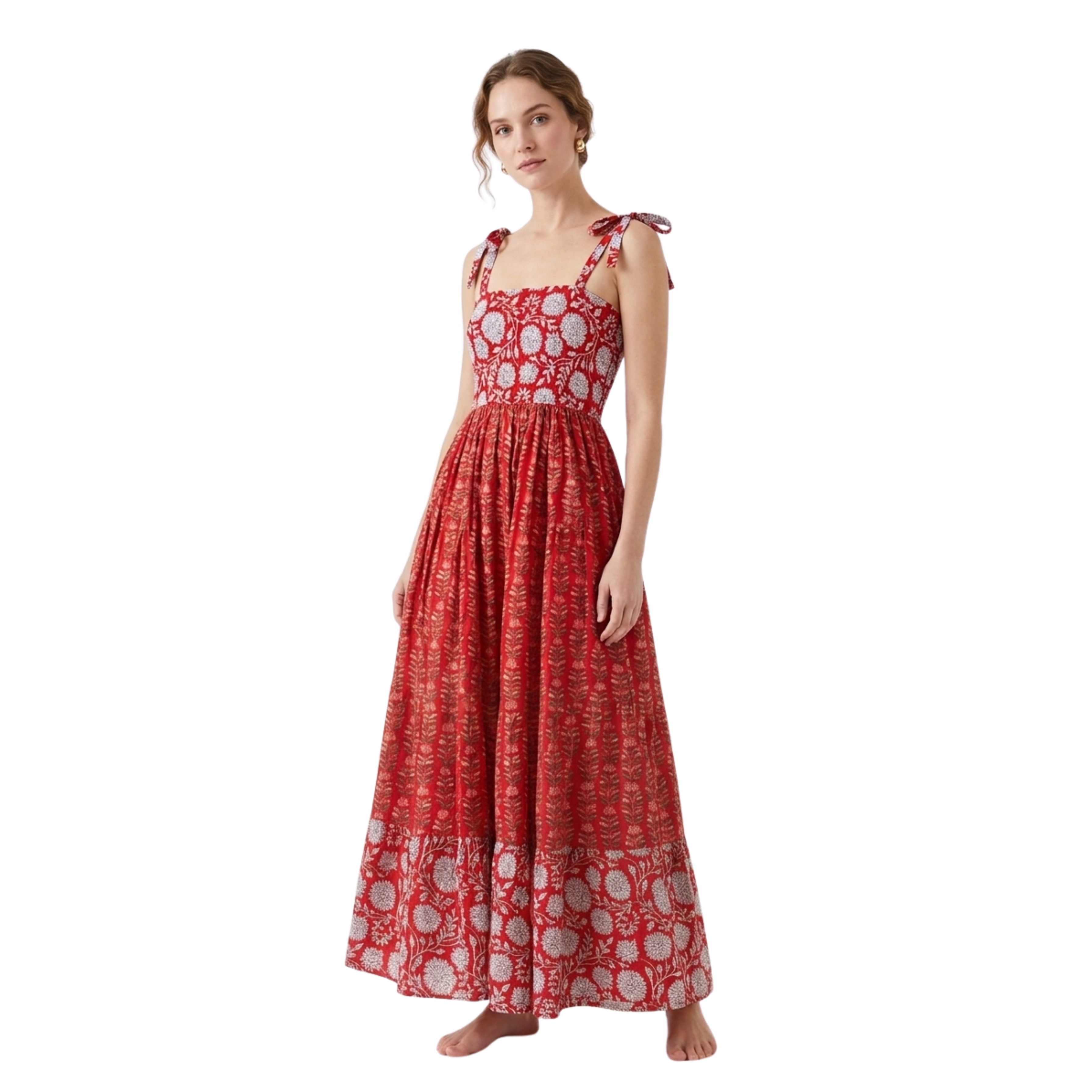 Red Floral Cotton Maxi Dress for Women — Sleeveless Flowing