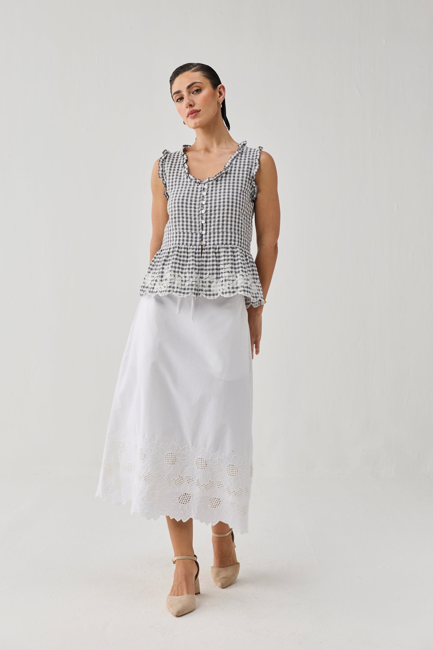 Embroidered Peplum Top in Grey Check for Women - gallery