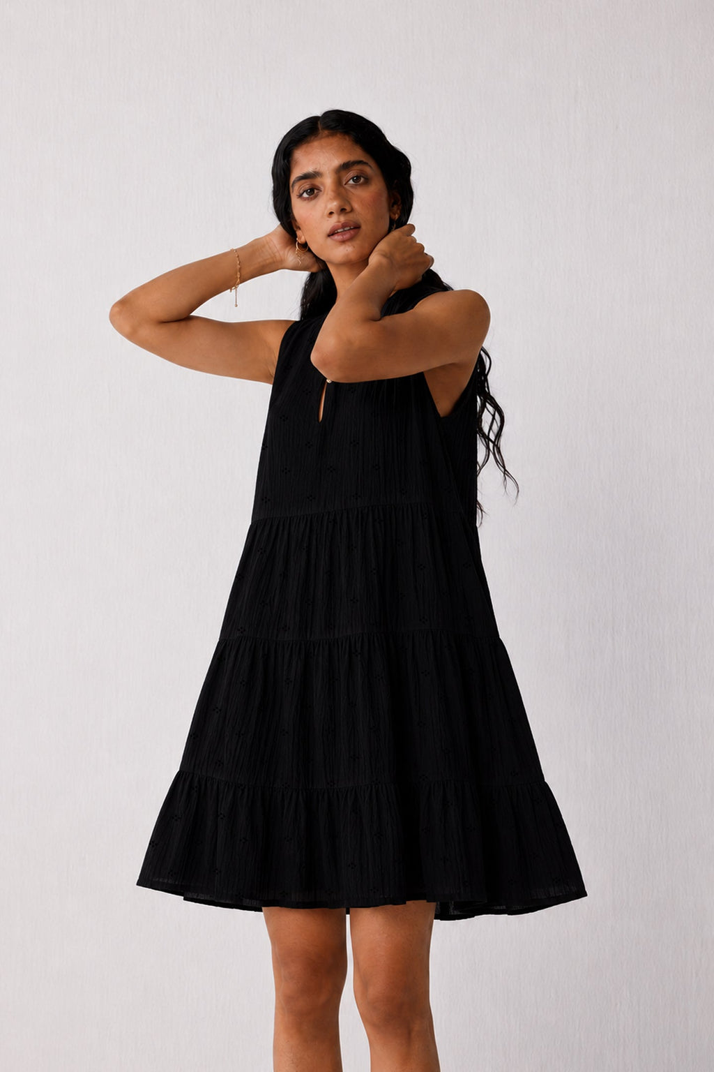 Embroidered Everyday Sleeveless Short Tiered Dress in Black for Women - gallery