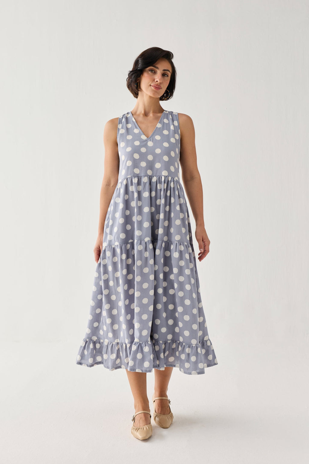 Tiered Midi Dress in Blue Polka for Women - gallery