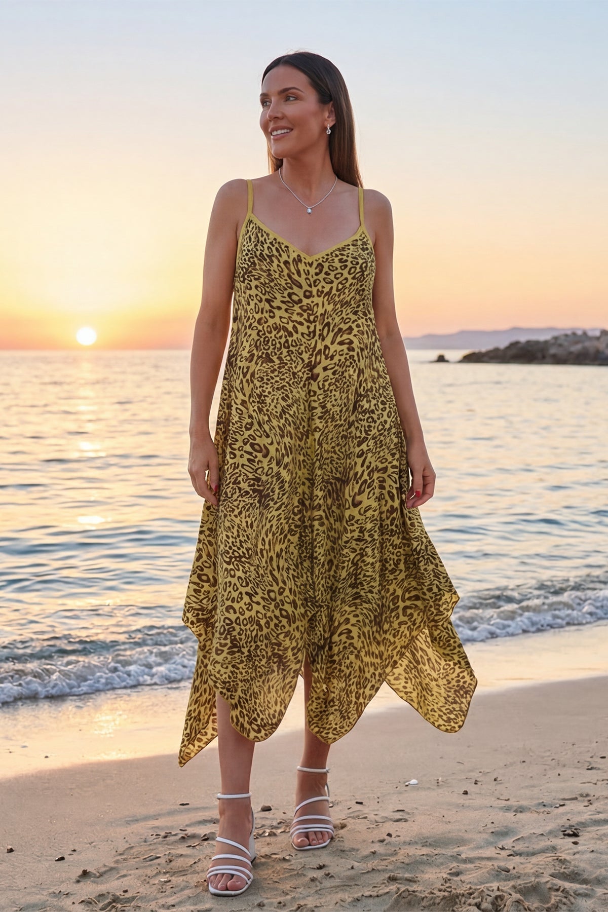 Italian Leopard Strappy Hanky Hem Dress for Women — gallery