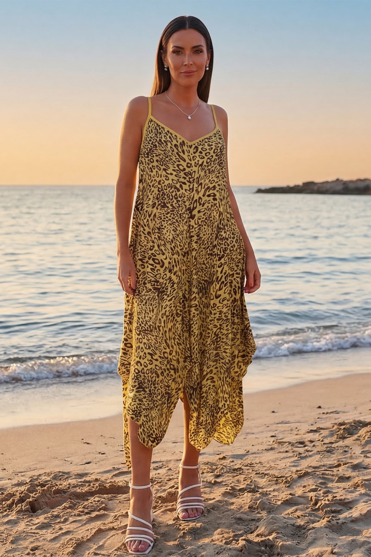 Italian Leopard Strappy Hanky Hem Dress for Women — gallery
