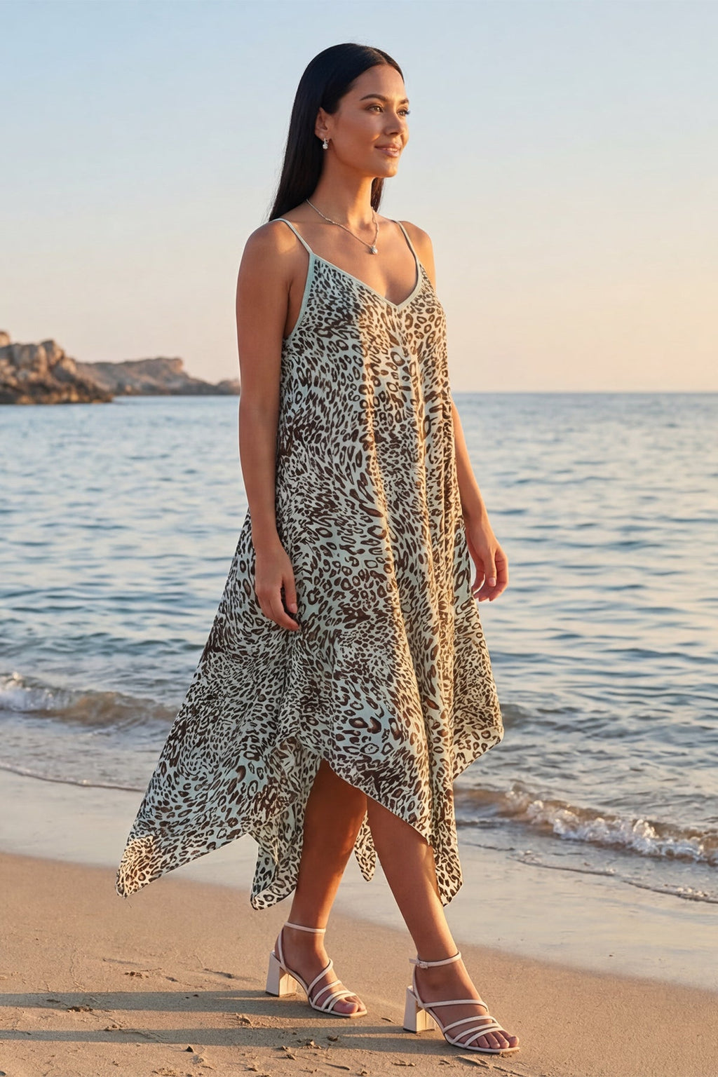 Italian Leopard Strappy Hanky Hem Dress for Women — gallery