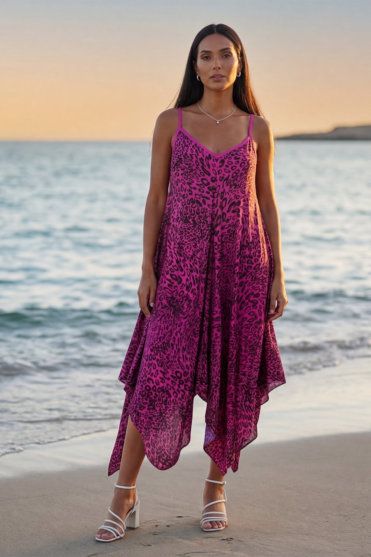Italian Leopard Strappy Hanky Hem Dress for Women — gallery