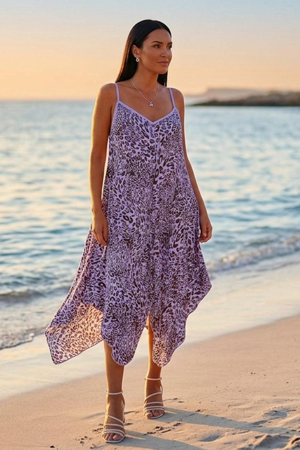 Italian Leopard Strappy Hanky Hem Dress for Women — gallery