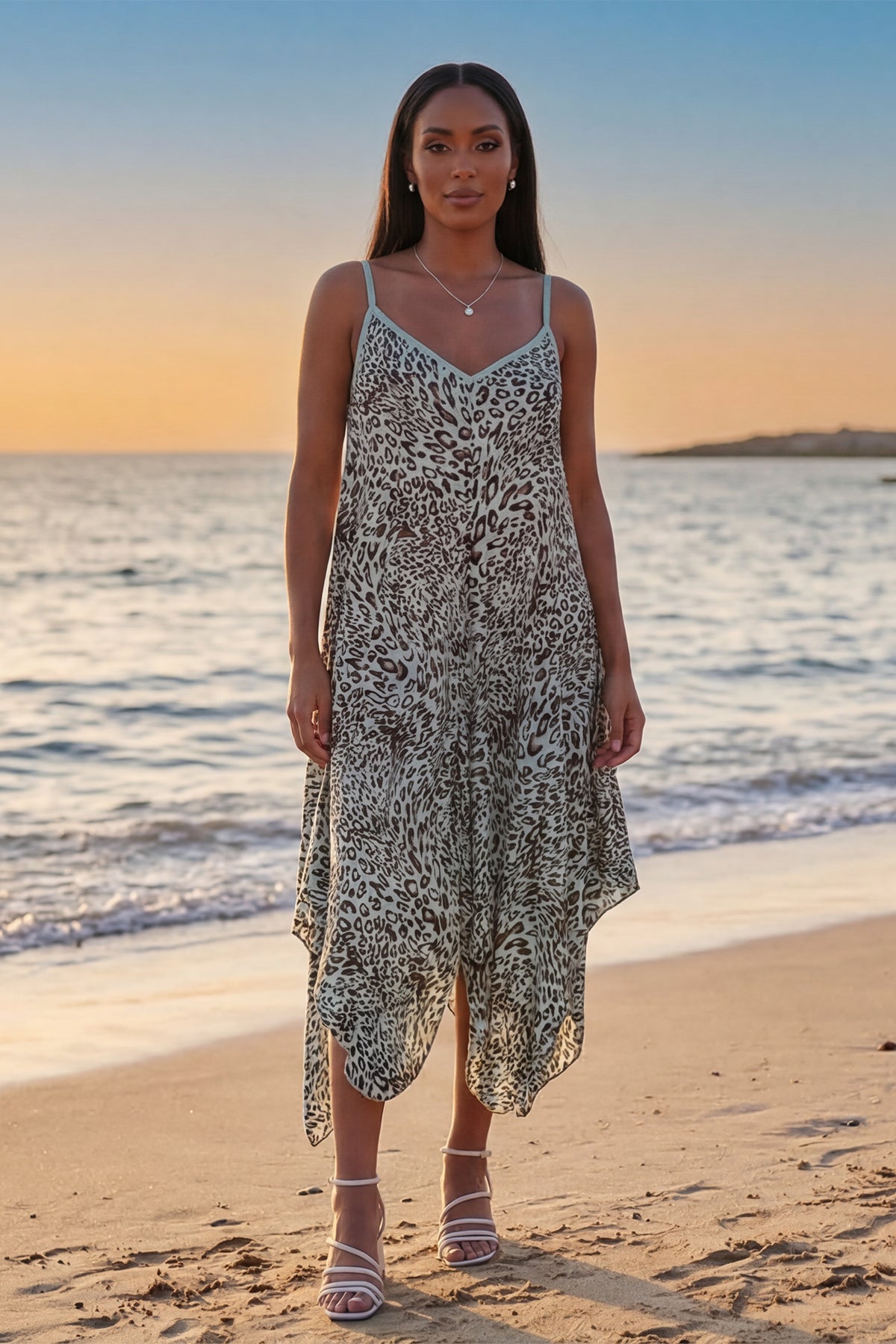 Italian Leopard Strappy Hanky Hem Dress for Women — gallery