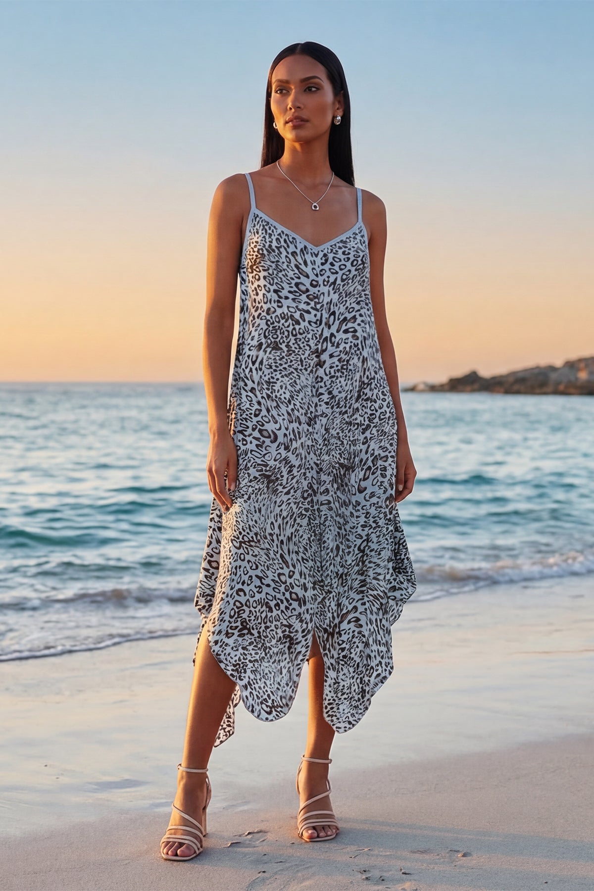 Italian Leopard Strappy Hanky Hem Dress for Women — gallery
