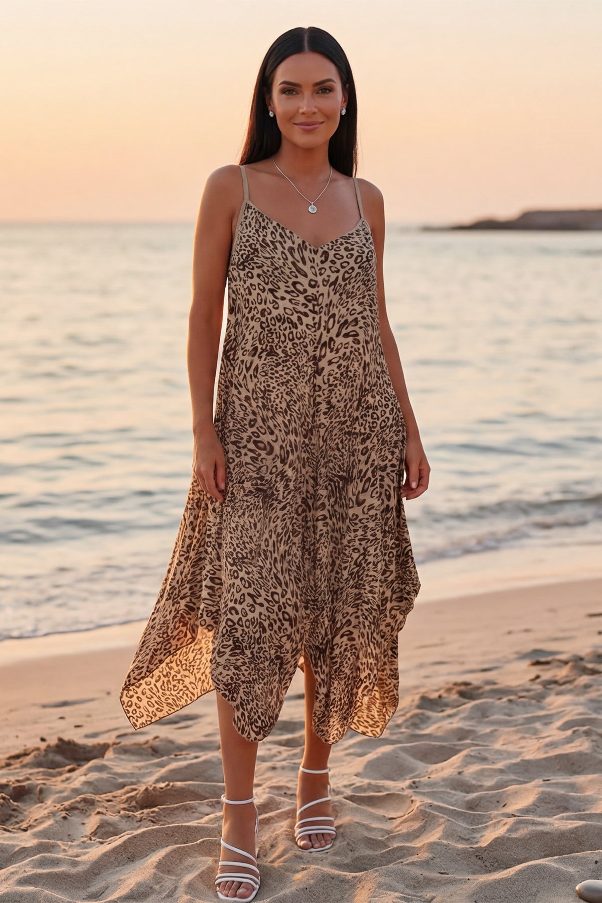 Italian Leopard Strappy Hanky Hem Dress for Women — gallery